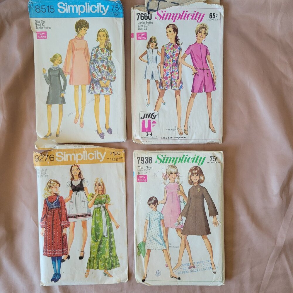Vintage 60’s & 70’s Simplicity Sewing Patterns Lot of 4 Jr./Teen Dresses & Skort